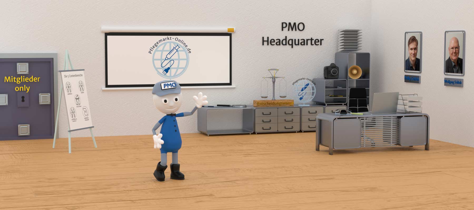 Pmoji steht in Mitten seines Büros von Pflegemarkt-Online. Dem Zentrum für Social Media Marketing im sozialen Bereich.